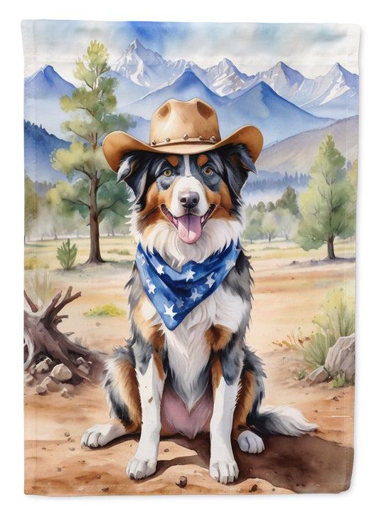 Australian Shepherd Cowboy Welcome Garden Flag – Western Dog Yard Decor with Mountain Landscape