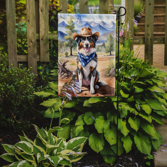 Australian Shepherd Cowboy Welcome Garden Flag – Western Dog Yard Decor with Mountain Landscape