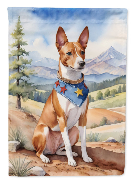 Basenji Cowboy Welcome Garden Flag – Western Dog Yard Decor with Mountain Landscape