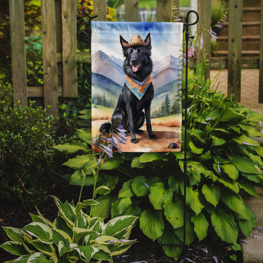 Belgian Sheepdog Cowboy Welcome Garden Flag – Western Dog Yard Decor with Mountain Landscape