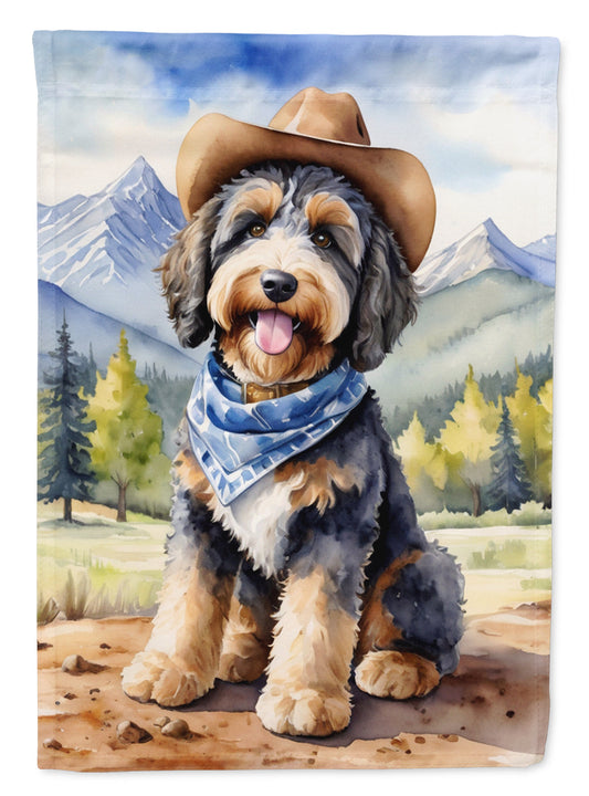 Bernedoodle Cowboy Welcome Garden Flag – Western Dog Yard Decor with Mountain Landscape