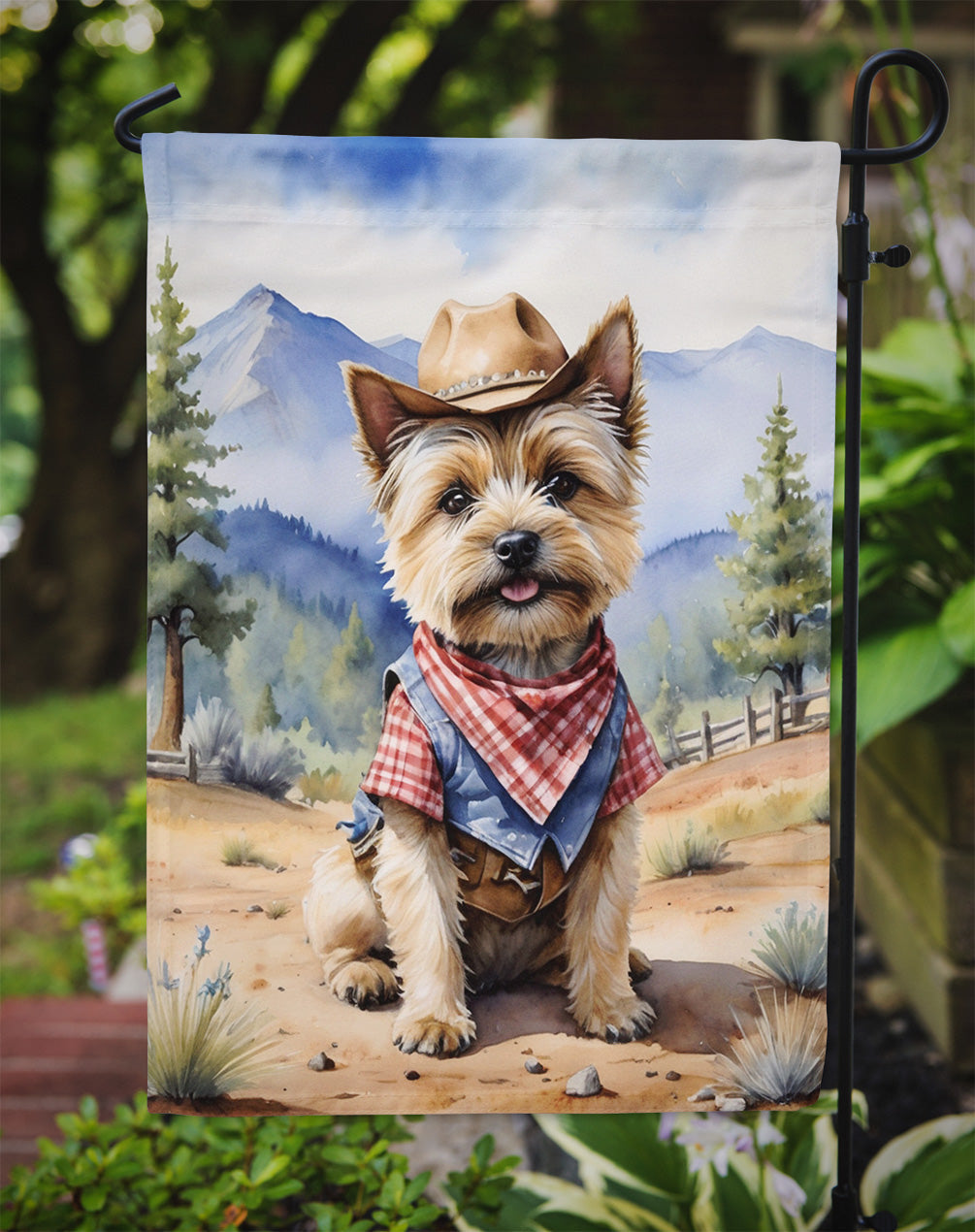 Cairn Terrier Cowboy Welcome Garden Flag – Western Dog Yard Decor with Mountain Landscape