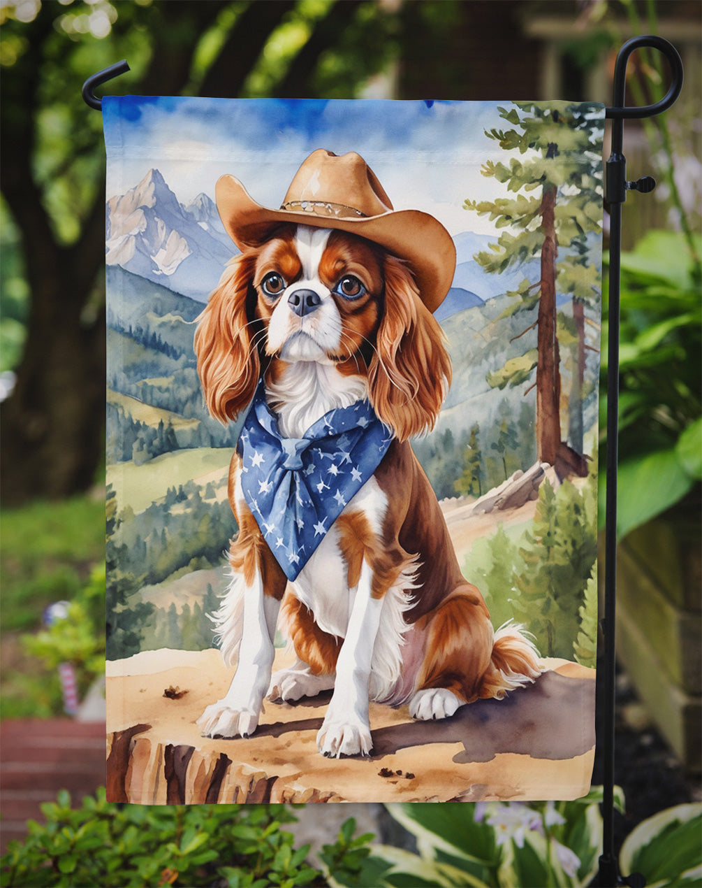Cavalier Spaniel Cowboy Welcome Garden Flag – Western Dog Yard Decor with Mountain Landscape