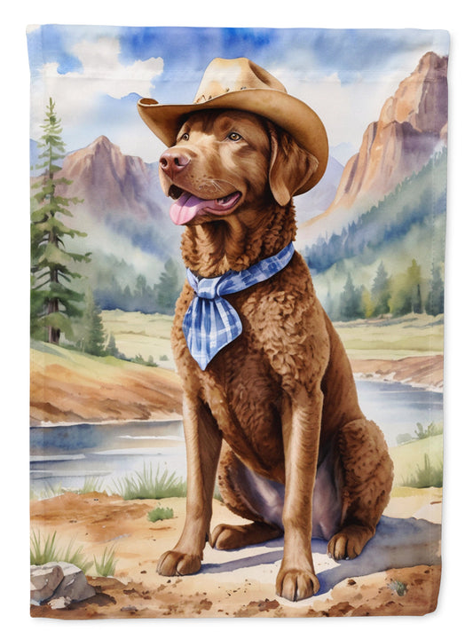 Chesapeake Bay Retriever Cowboy Welcome Garden Flag – Western Dog Yard Decor with Mountain Landscape