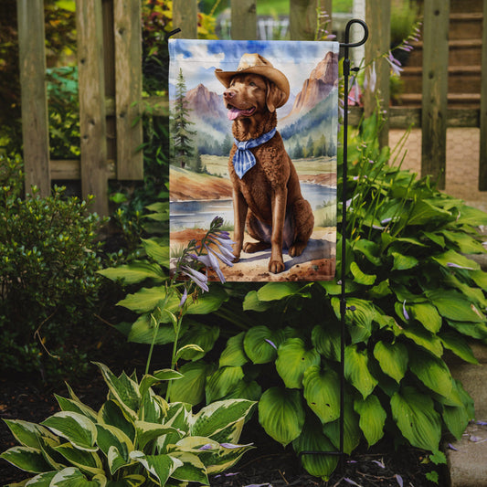 Chesapeake Bay Retriever Cowboy Welcome Garden Flag – Western Dog Yard Decor with Mountain Landscape