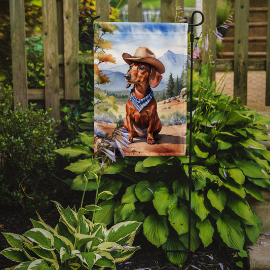 Dachshund Cowboy Welcome Garden Flag – Western Dog Yard Decor with Mountain Landscape