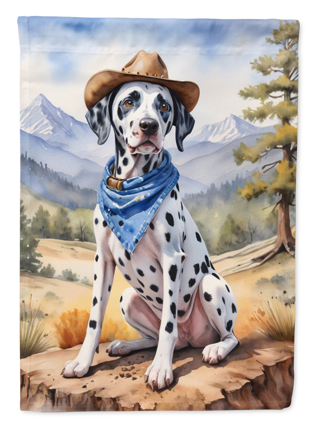 Dalmatian Cowboy Welcome Garden Flag – Western Dog Yard Decor with Mountain Landscape
