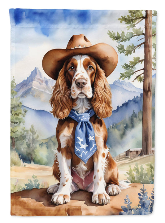 English Cocker Spaniel Cowboy Welcome Garden Flag – Western Dog Yard Decor with Mountain Landscape