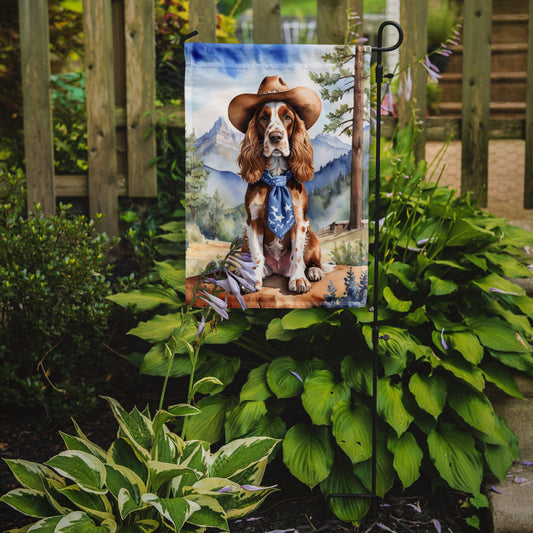 English Cocker Spaniel Cowboy Welcome Garden Flag – Western Dog Yard Decor with Mountain Landscape