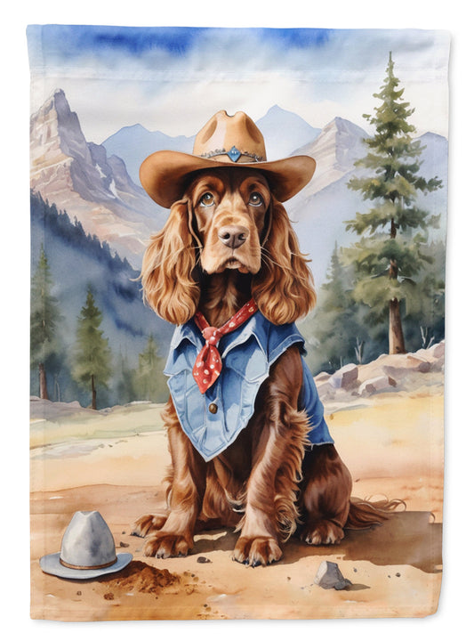 English Cocker Spaniel Cowboy Welcome Garden Flag – Western Dog Yard Decor with Mountain Landscape