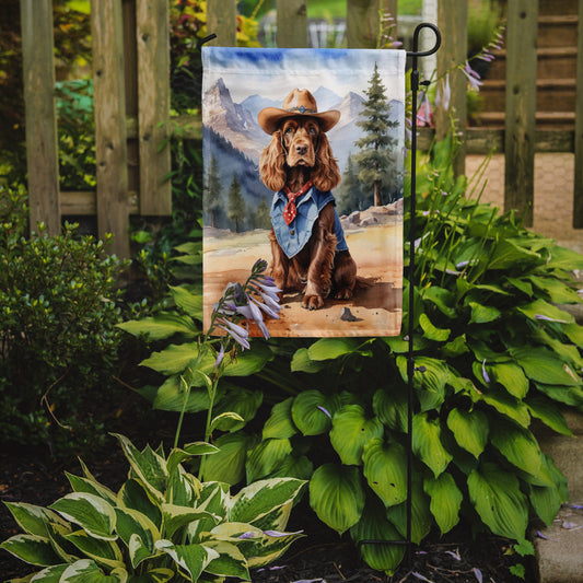 English Cocker Spaniel Cowboy Welcome Garden Flag – Western Dog Yard Decor with Mountain Landscape