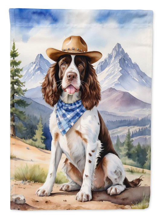 English Springer Spaniel Cowboy Welcome Garden Flag – Western Dog Yard Decor with Mountain Landscape