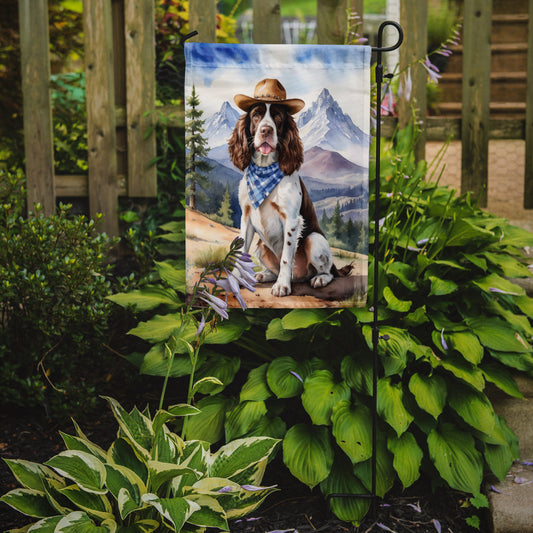 English Springer Spaniel Cowboy Welcome Garden Flag – Western Dog Yard Decor with Mountain Landscape