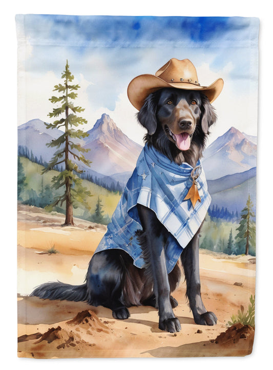Flat-Coated Retriever Cowboy Welcome Garden Flag – Western Dog Yard Decor with Mountain Landscape