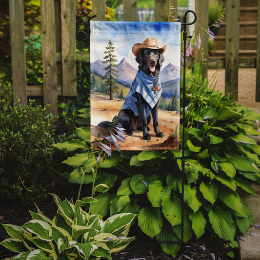 Flat-Coated Retriever Cowboy Welcome Garden Flag – Western Dog Yard Decor with Mountain Landscape