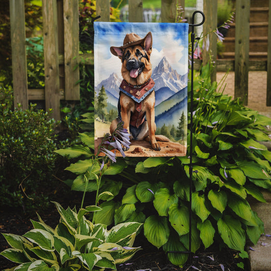 German Shepherd Cowboy Welcome Garden Flag – Western Dog Yard Decor with Mountain Landscape