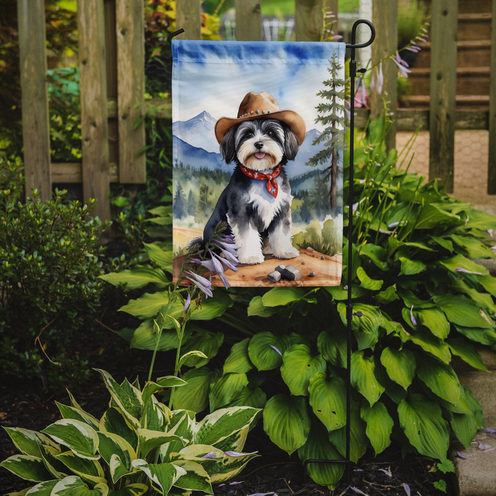 Havanese Cowboy Welcome Garden Flag – Western Dog Yard Decor with Mountain Landscape