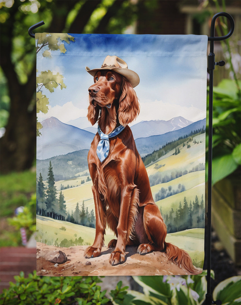 Irish Setter Cowboy Welcome Garden Flag – Western Dog Yard Decor with Mountain Landscape