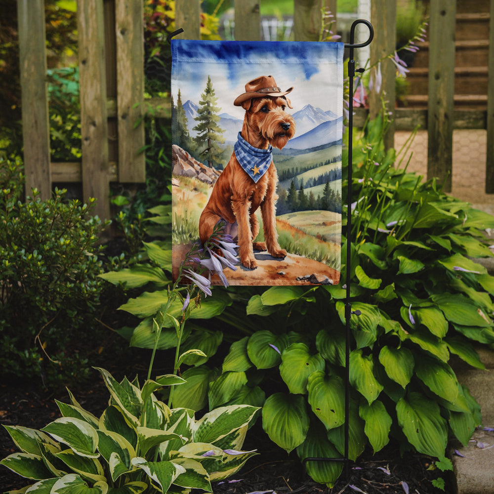 Irish Terrier Cowboy Welcome Garden Flag – Western Dog Yard Decor with Mountain Landscape
