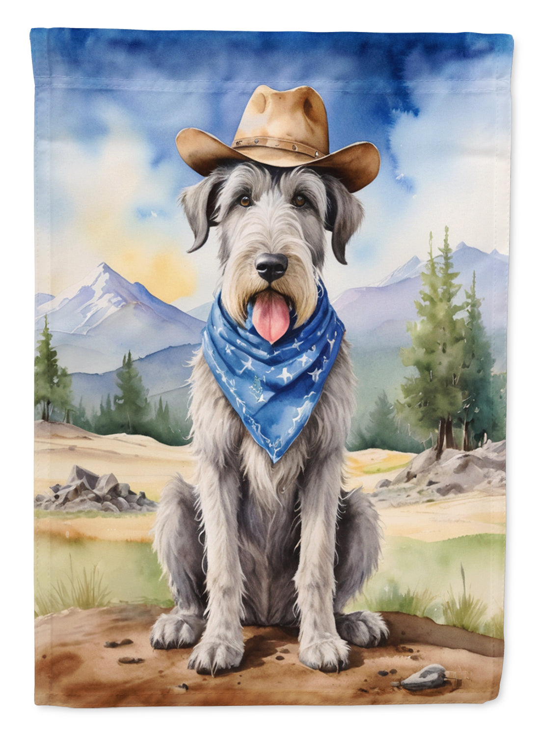 Irish Wolfhound Cowboy Welcome Garden Flag – Western Dog Yard Decor with Mountain Landscape
