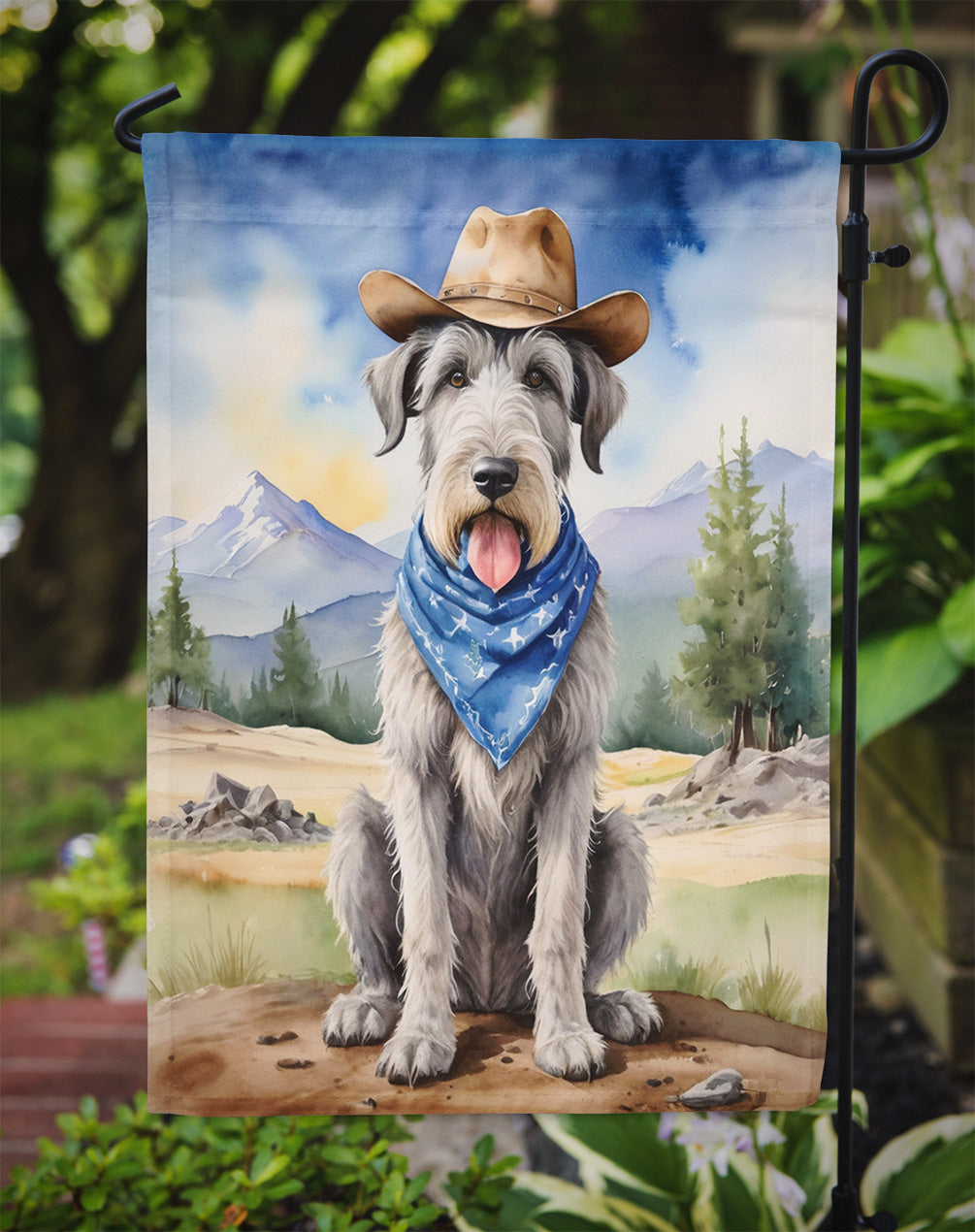 Irish Wolfhound Cowboy Welcome Garden Flag – Western Dog Yard Decor with Mountain Landscape