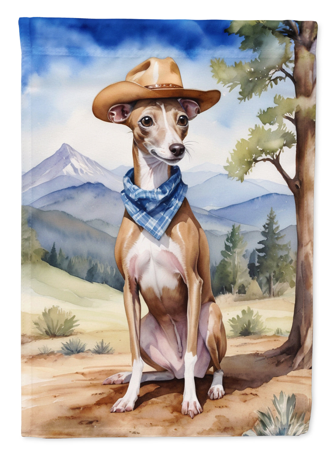 Italian Greyhound Cowboy Welcome Garden Flag – Western Dog Yard Decor with Mountain Landscape
