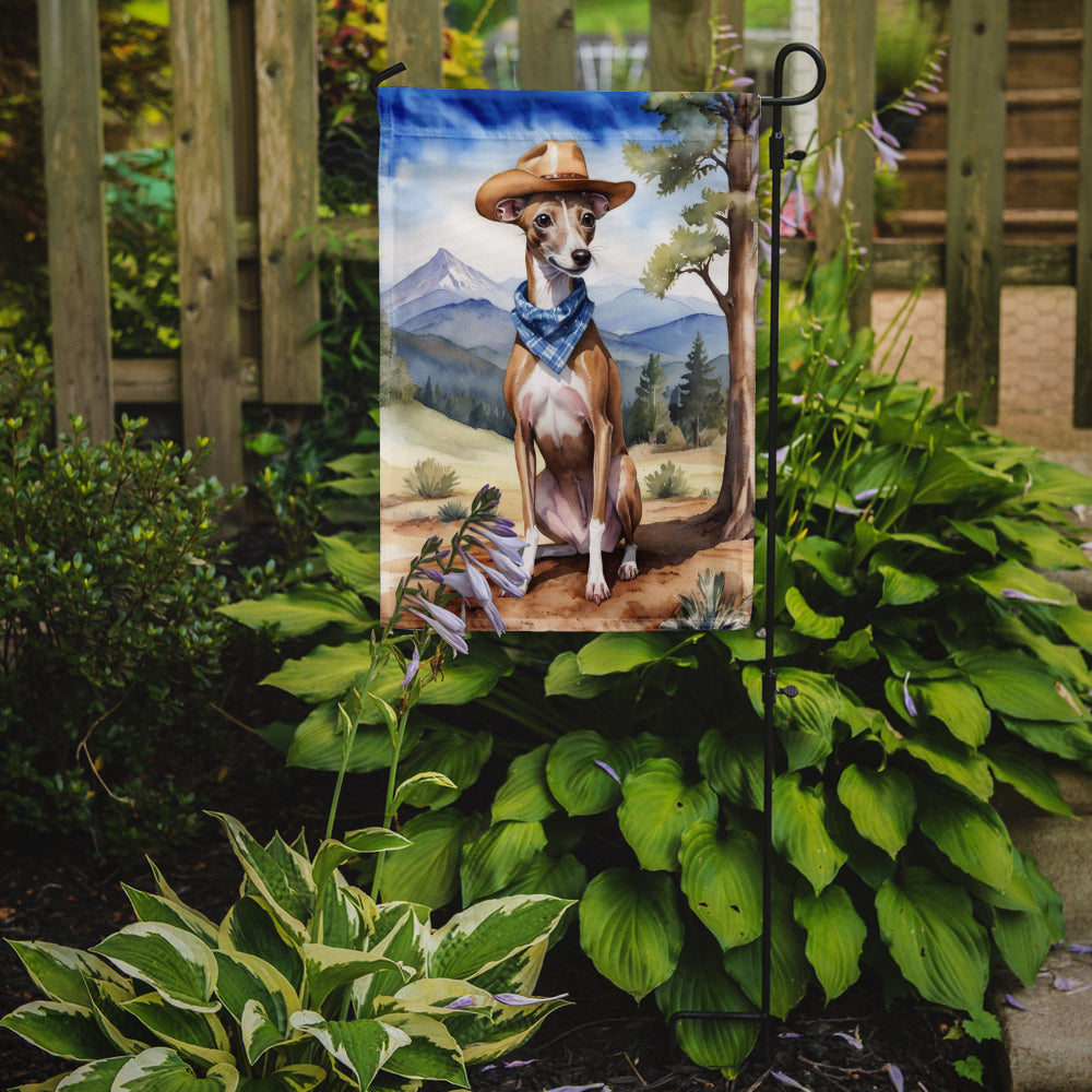 Italian Greyhound Cowboy Welcome Garden Flag – Western Dog Yard Decor with Mountain Landscape