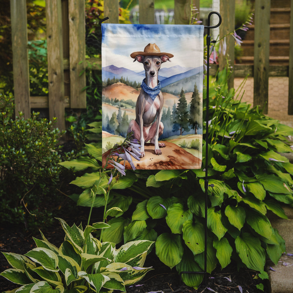 Italian Greyhound Cowboy Welcome Garden Flag – Western Dog Yard Decor with Mountain Landscape