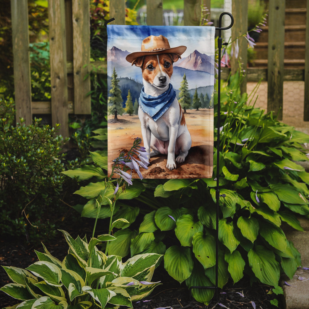 Jack Russell Terrier Cowboy Welcome Garden Flag – Western Dog Yard Decor with Mountain Landscape