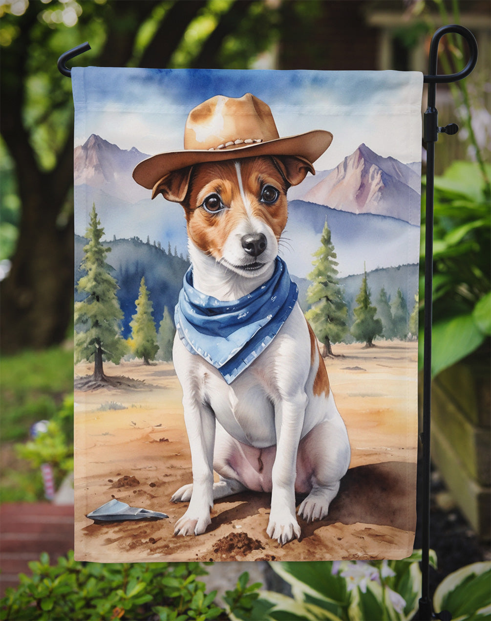 Jack Russell Terrier Cowboy Welcome Garden Flag – Western Dog Yard Decor with Mountain Landscape