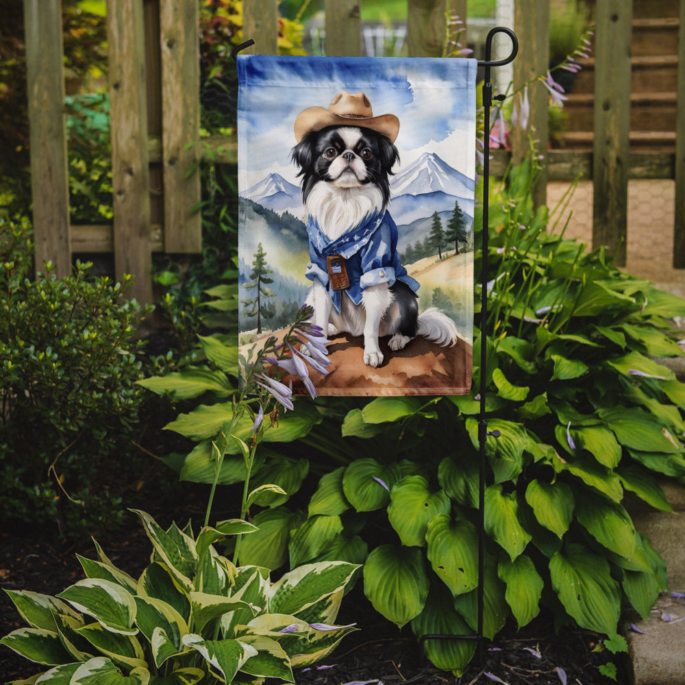Japanese Chin Cowboy Welcome Garden Flag – Western Dog Yard Decor with Mountain Landscape