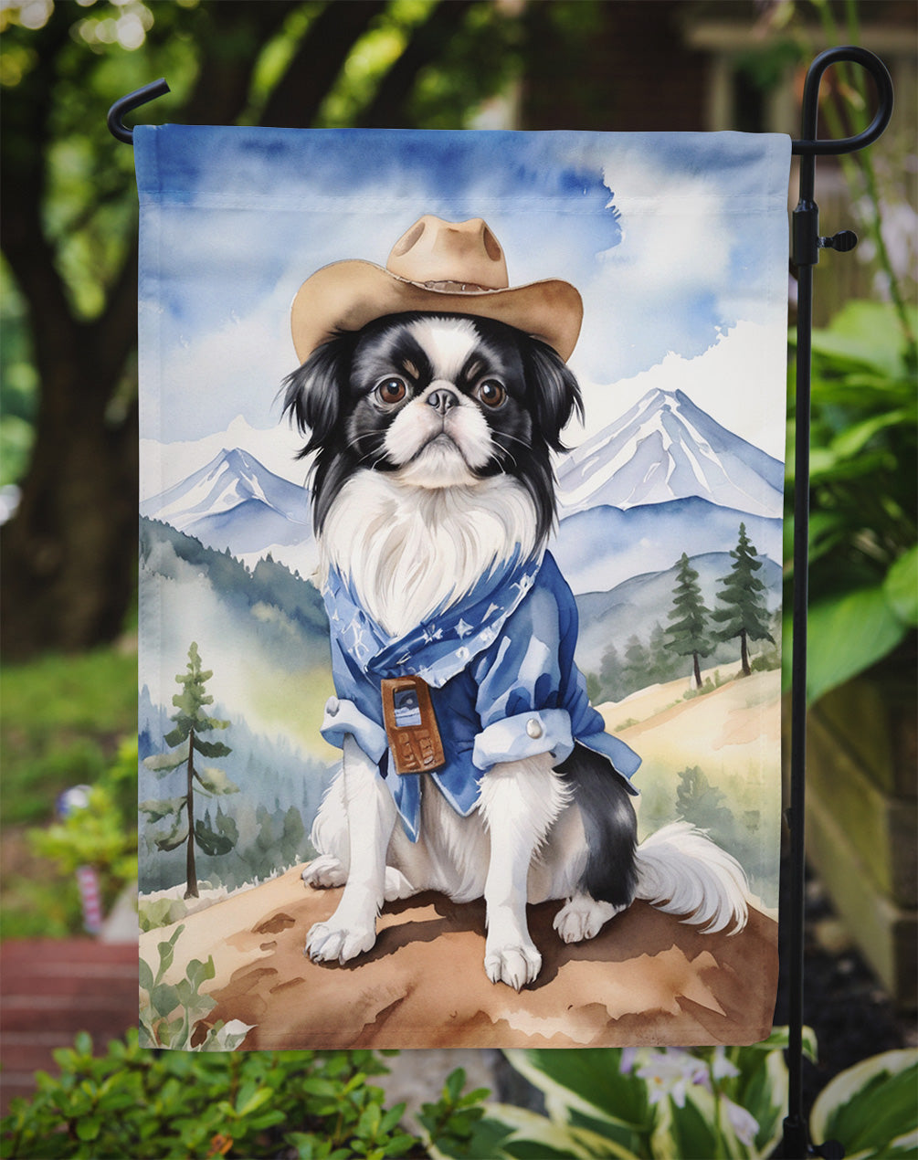 Japanese Chin Cowboy Welcome Garden Flag – Western Dog Yard Decor with Mountain Landscape