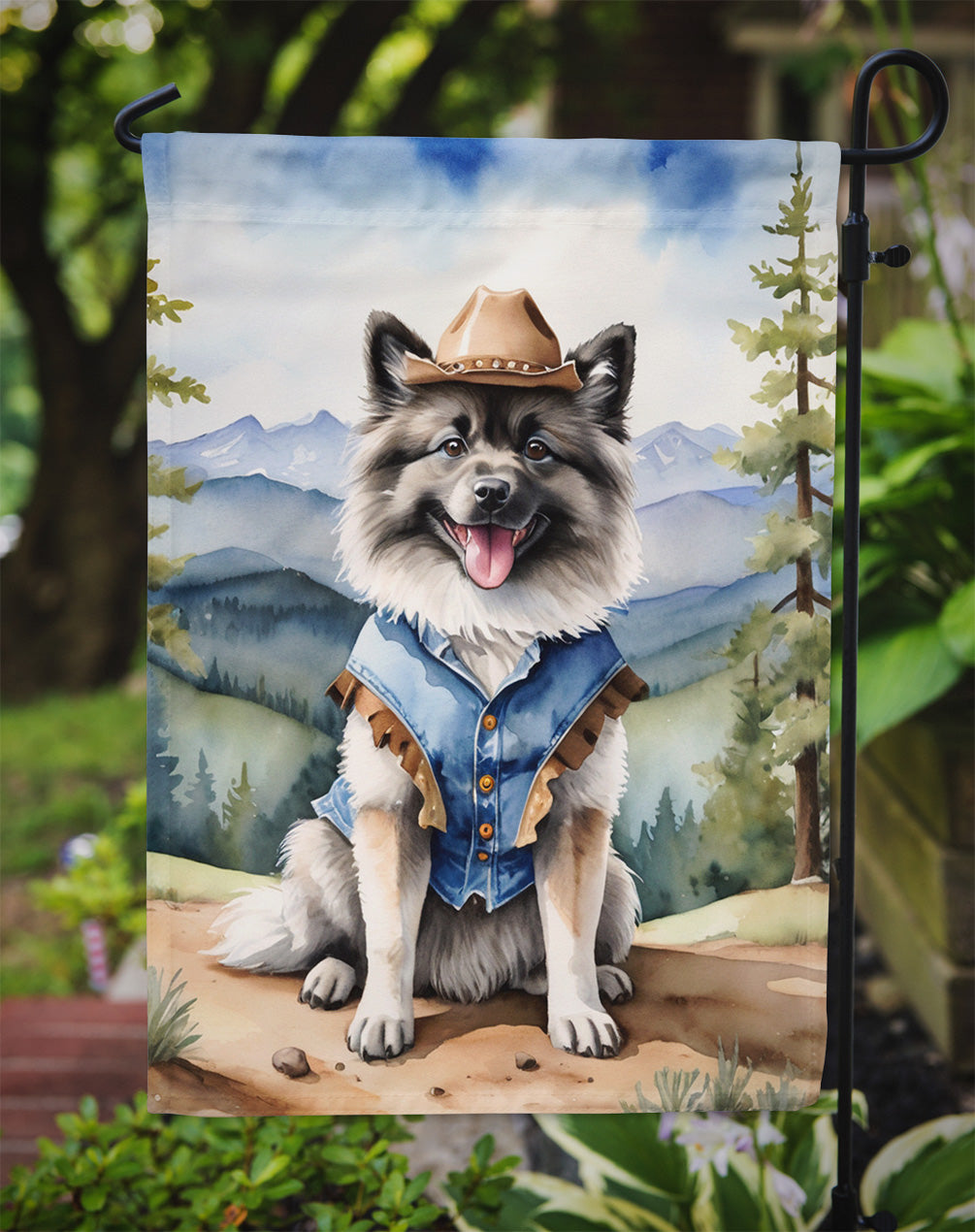 Keeshond Cowboy Welcome Garden Flag – Western Dog Yard Decor with Mountain Landscape