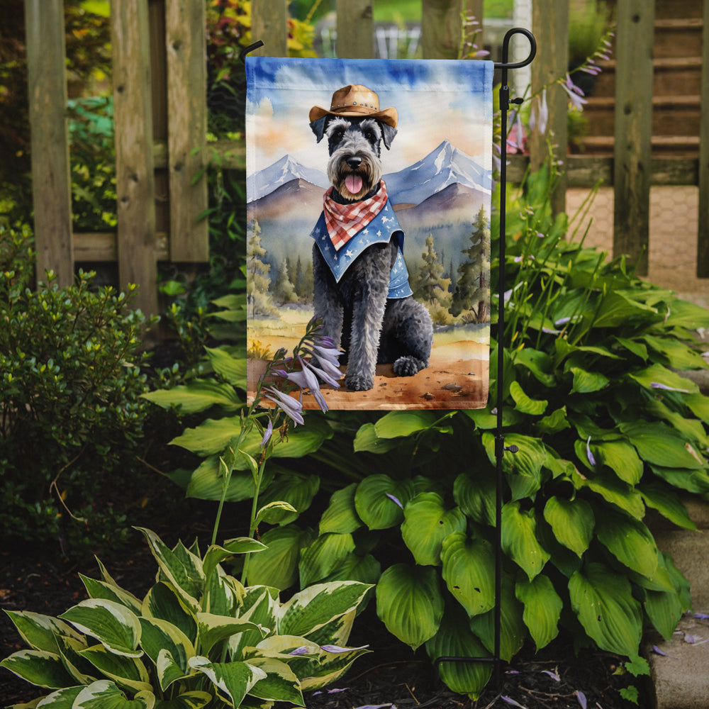 Kerry Blue Terrier Cowboy Welcome Garden Flag – Western Dog Yard Decor with Mountain Landscape