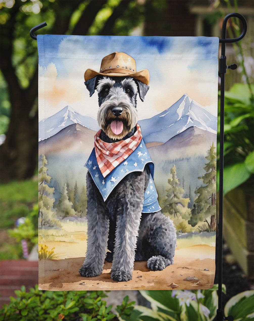 Kerry Blue Terrier Cowboy Welcome Garden Flag – Western Dog Yard Decor with Mountain Landscape