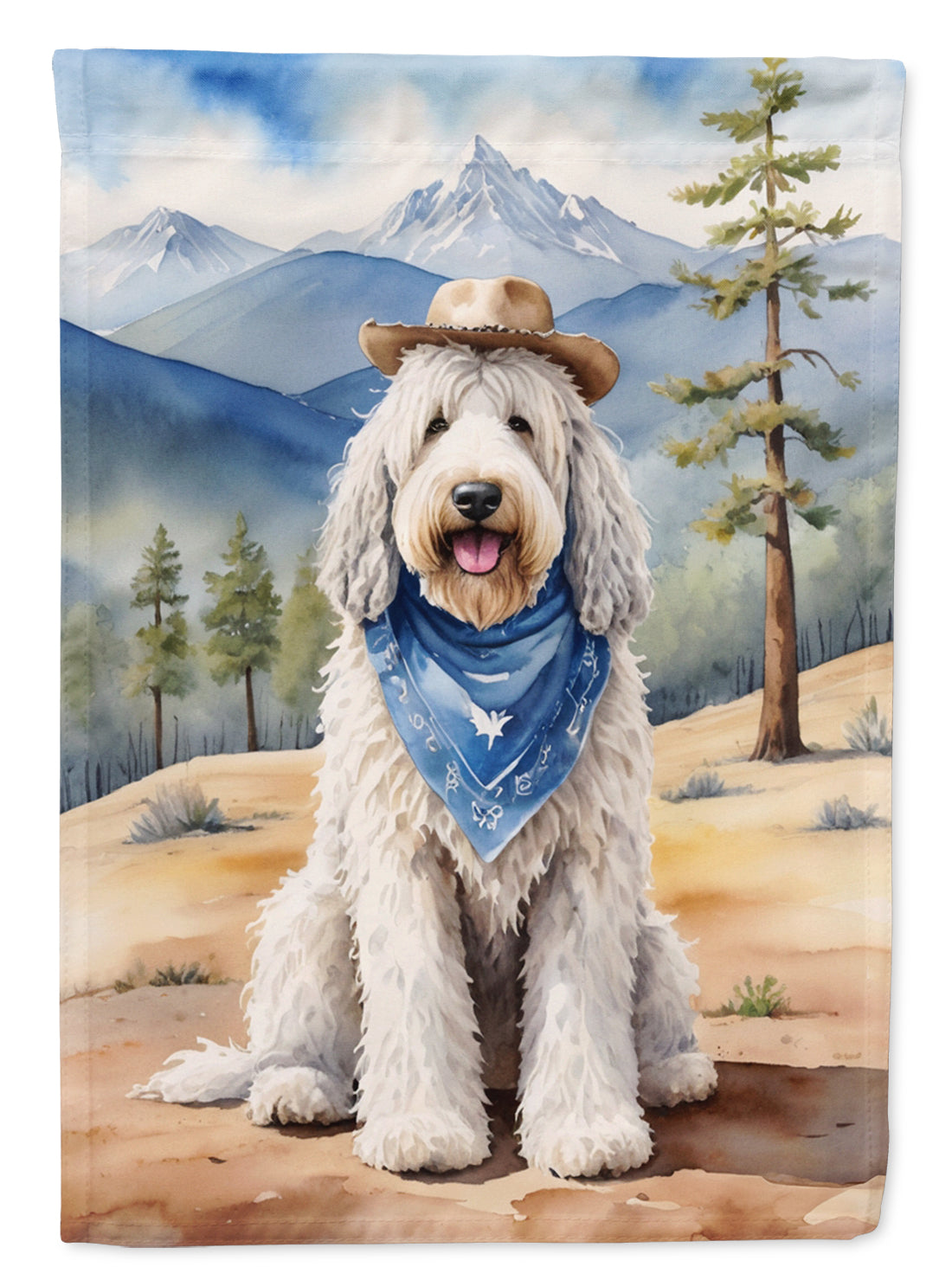 Komondor Cowboy Welcome Garden Flag – Western Dog Yard Decor with Mountain Landscape