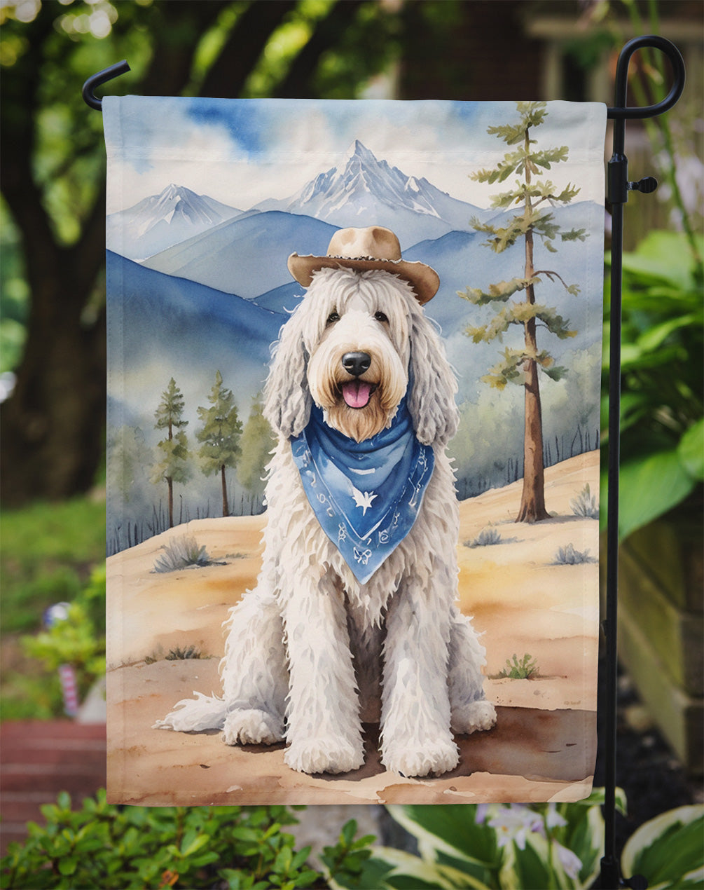 Komondor Cowboy Welcome Garden Flag – Western Dog Yard Decor with Mountain Landscape