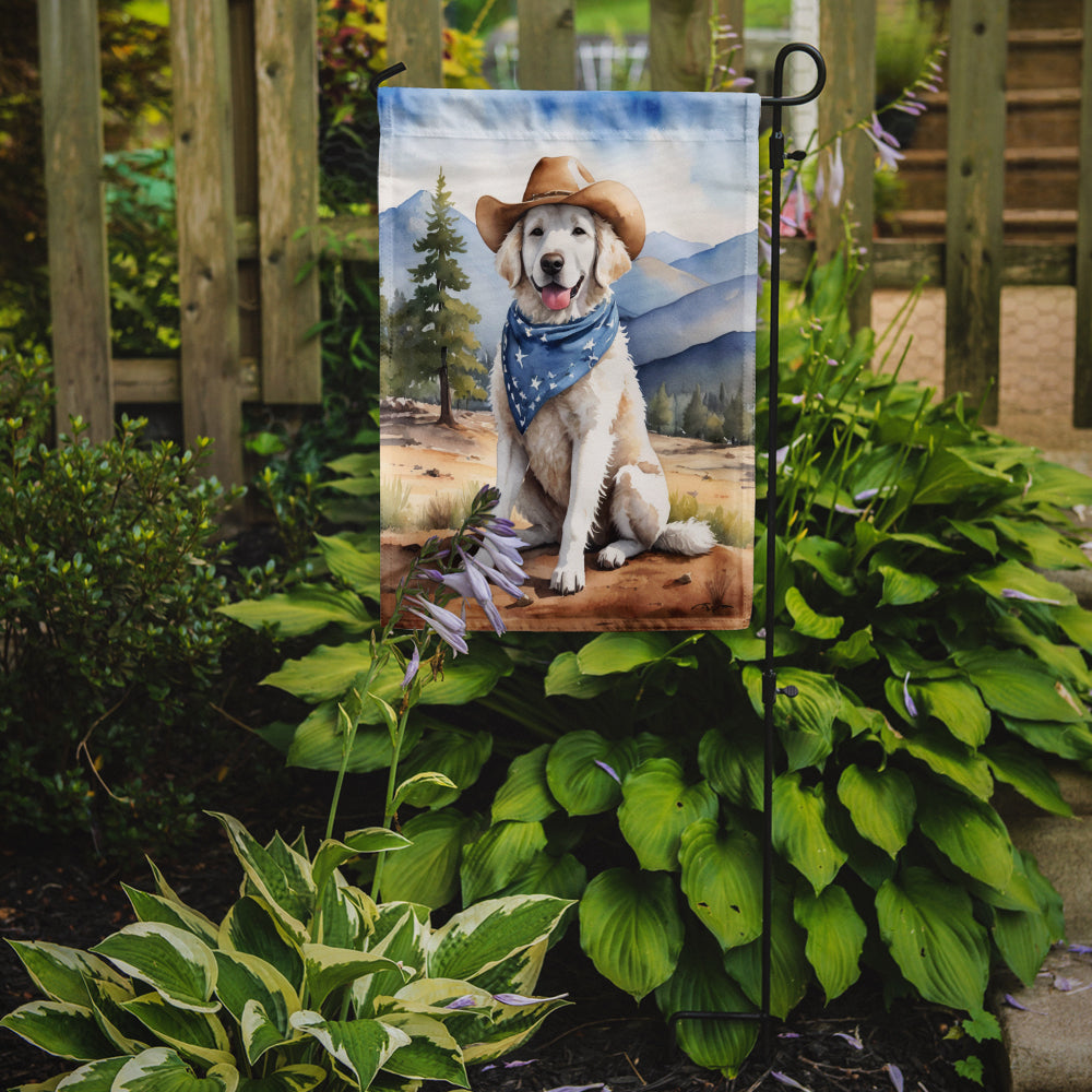 Kuvasz Cowboy Welcome Garden Flag – Western Dog Yard Decor with Mountain Landscape