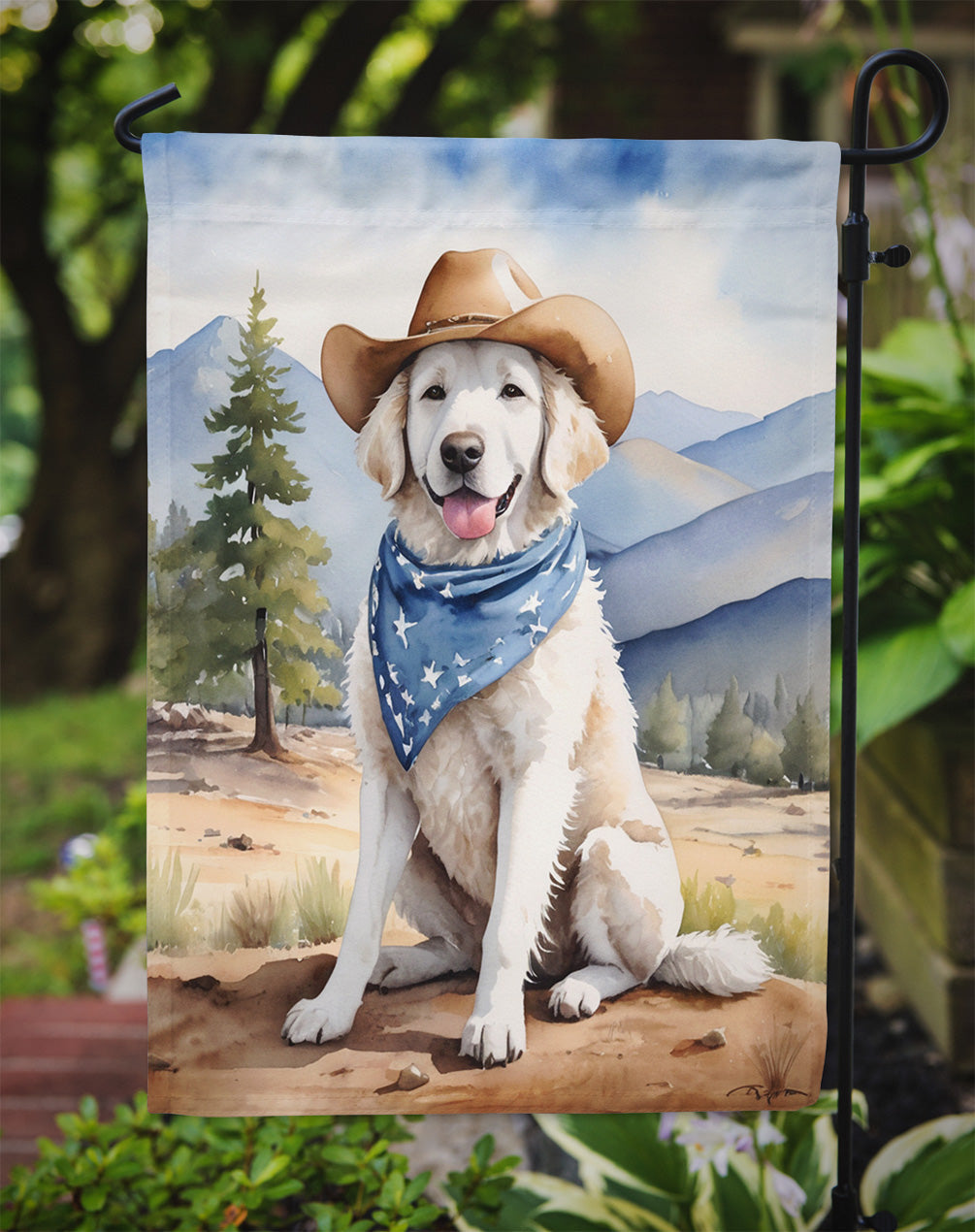 Kuvasz Cowboy Welcome Garden Flag – Western Dog Yard Decor with Mountain Landscape