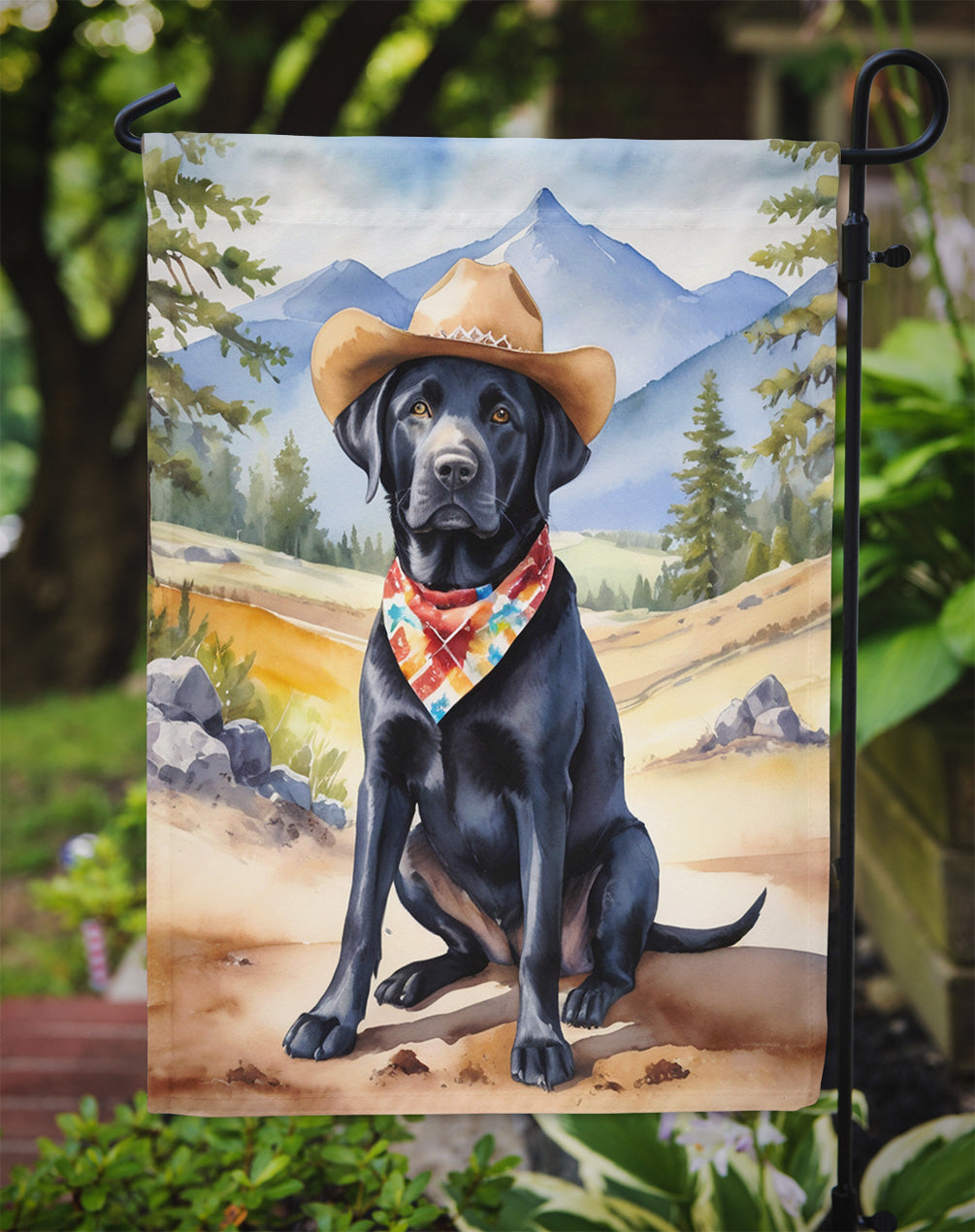 Labrador Retriever Cowboy Welcome Garden Flag – Western Dog Yard Decor with Mountain Landscape