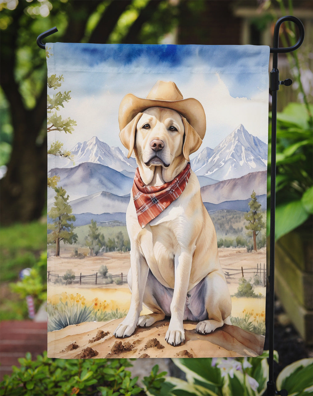 Labrador Retriever Cowboy Welcome Garden Flag – Western Dog Yard Decor with Mountain Landscape