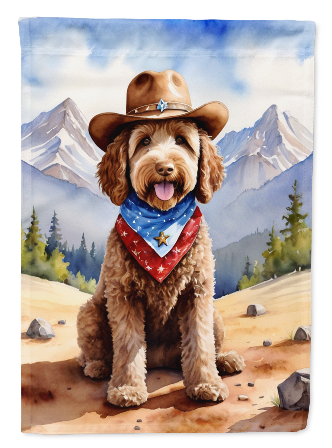Labradoodle Cowboy Welcome Garden Flag – Western Dog Yard Decor with Mountain Landscape