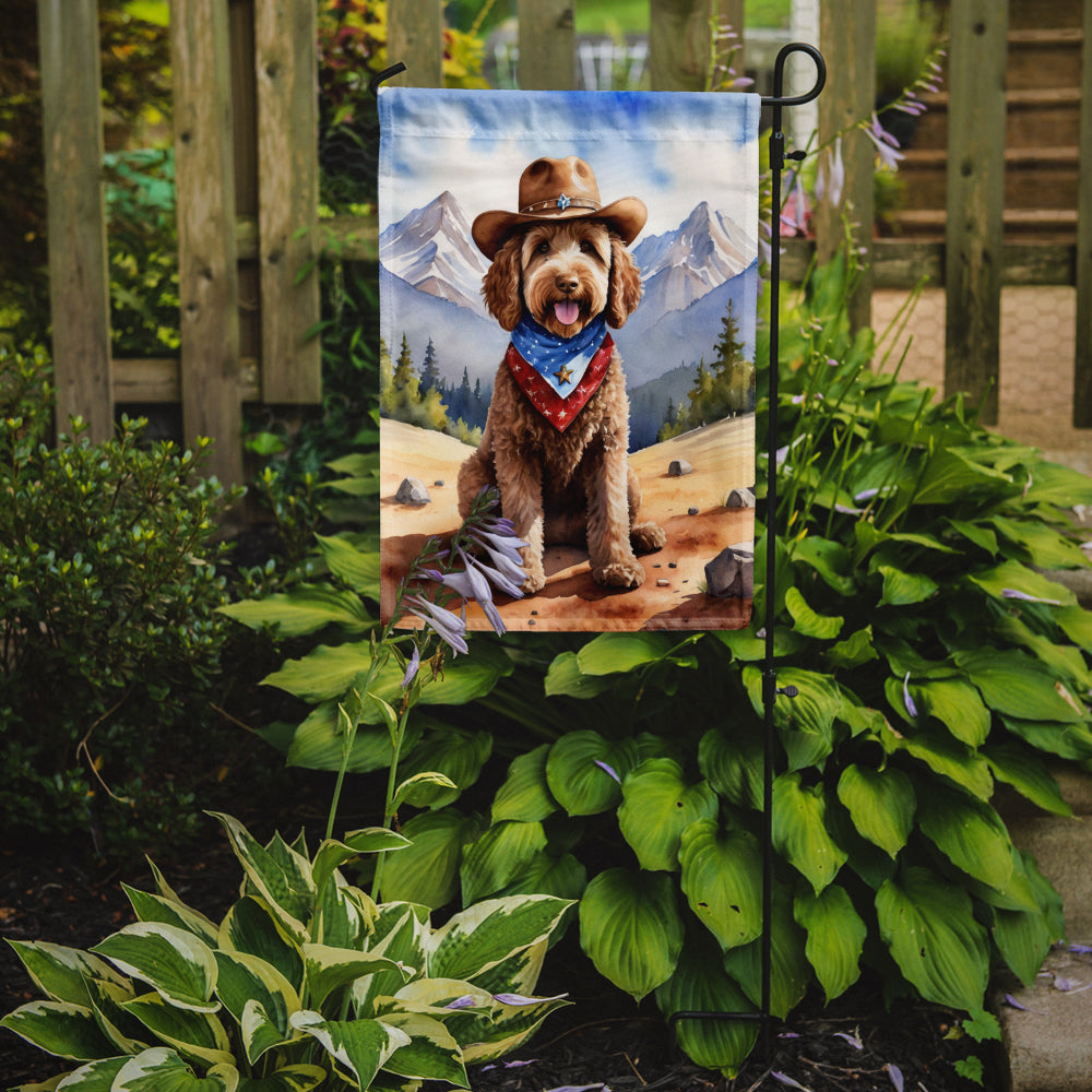 Labradoodle Cowboy Welcome Garden Flag – Western Dog Yard Decor with Mountain Landscape
