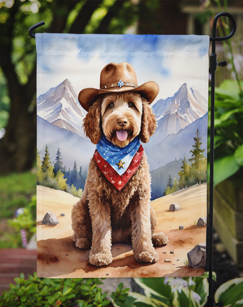Labradoodle Cowboy Welcome Garden Flag – Western Dog Yard Decor with Mountain Landscape