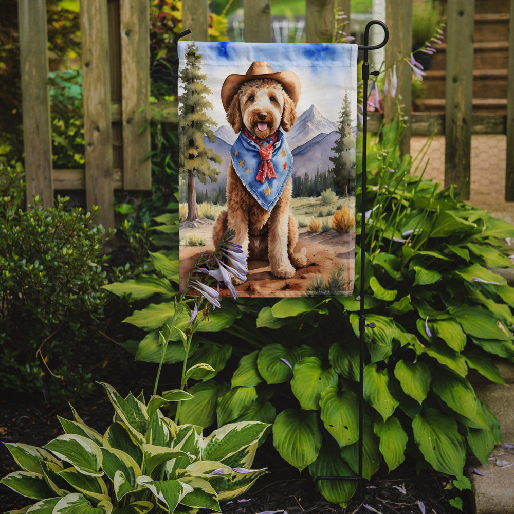 Labradoodle Cowboy Welcome Garden Flag – Western Dog Yard Decor with Mountain Landscape