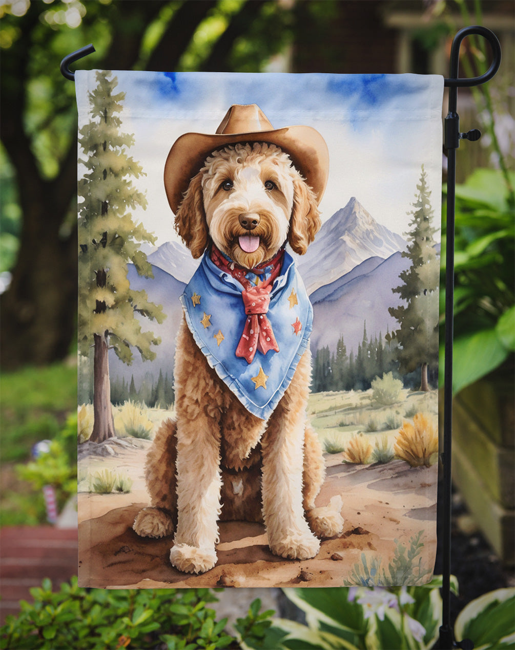 Labradoodle Cowboy Welcome Garden Flag – Western Dog Yard Decor with Mountain Landscape