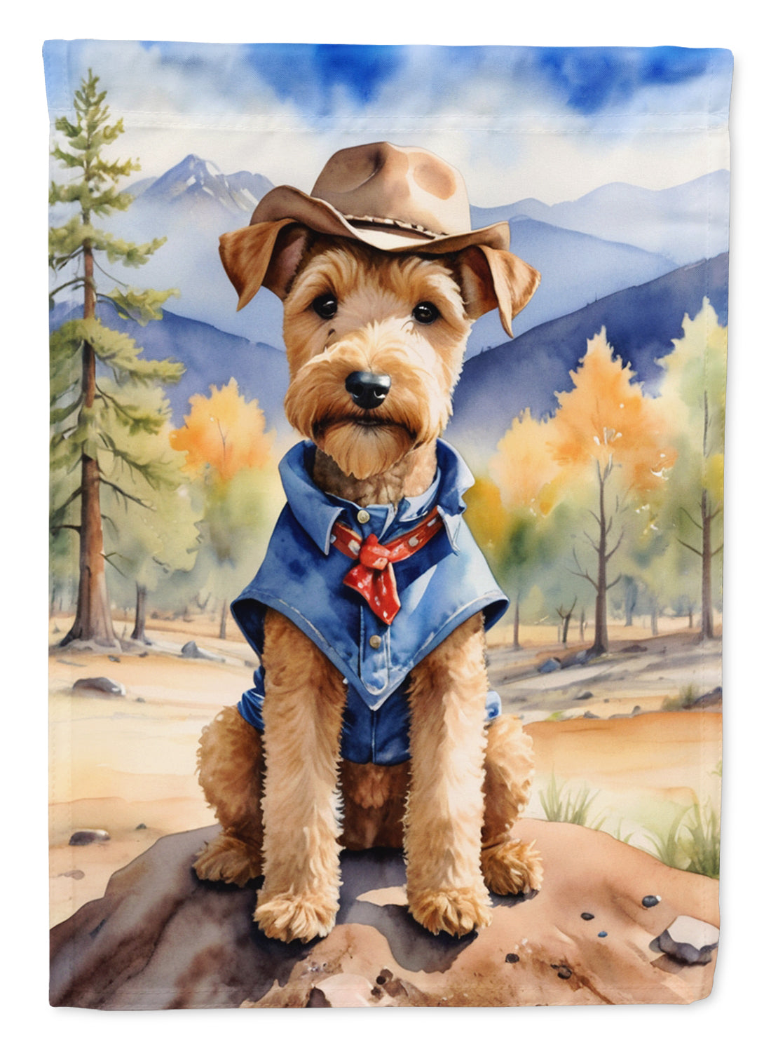 Lakeland Terrier Cowboy Welcome Garden Flag – Western Dog Yard Decor with Mountain Landscape