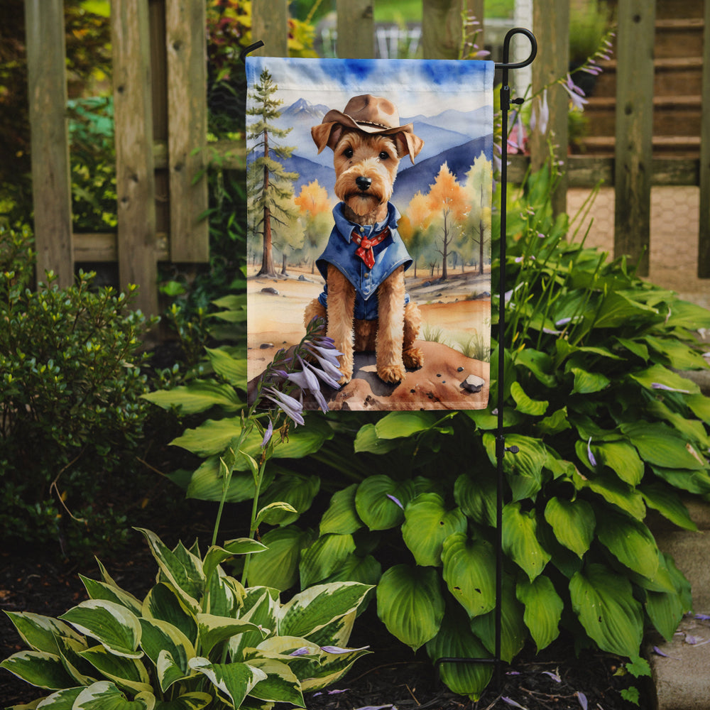 Lakeland Terrier Cowboy Welcome Garden Flag – Western Dog Yard Decor with Mountain Landscape