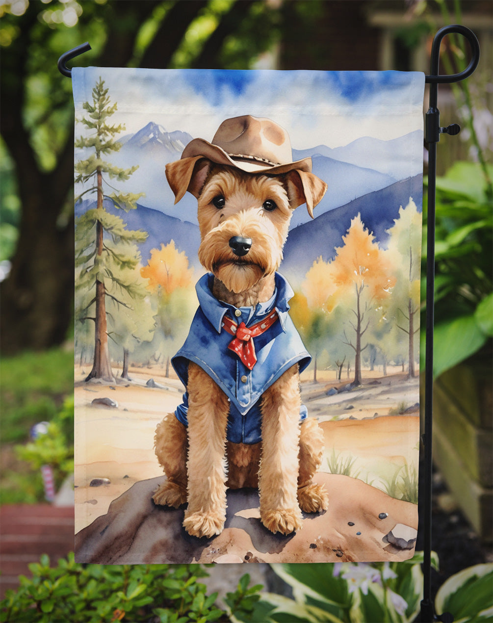 Lakeland Terrier Cowboy Welcome Garden Flag – Western Dog Yard Decor with Mountain Landscape
