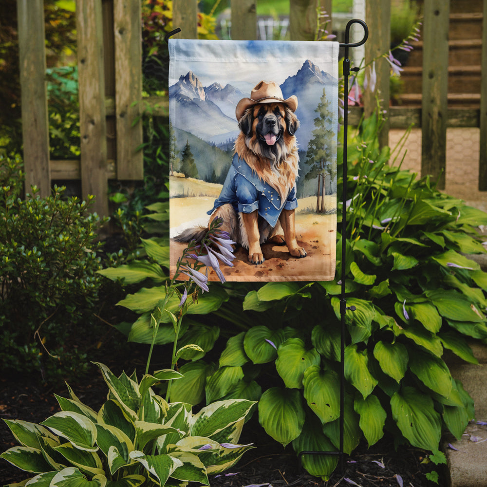 Leonberger Cowboy Welcome Garden Flag – Western Dog Yard Decor with Mountain Landscape